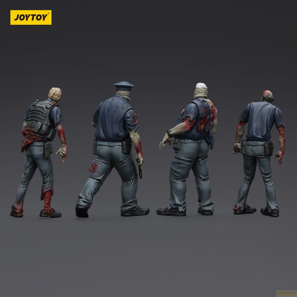 Quattro figure di zombie in uniforme da poliziotto, insanguinate e lacere, su sfondo grigio.