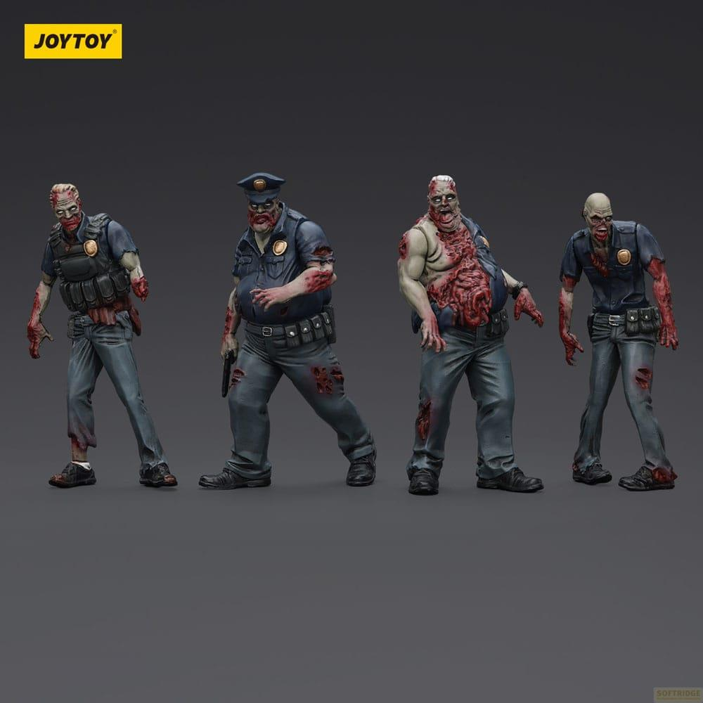 Quattro figure di poliziotti zombie con ferite sanguinanti si ergono su uno sfondo grigio.
