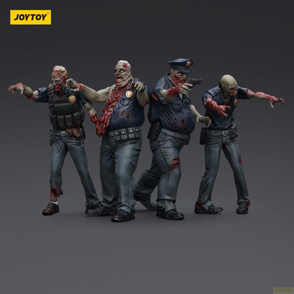 Quattro figure di zombie in uniforme da poliziotto, alcune con pistole, su sfondo grigio.