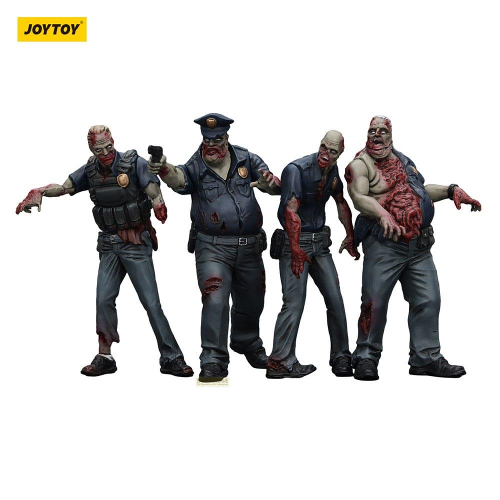 Quattro figure di zombie in uniforme da poliziotto con vestiti strappati e ferite sanguinanti.