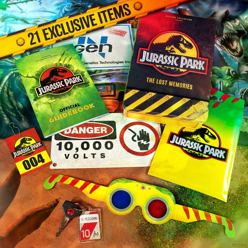 Jurassic Park Sammlerstücke: Broschüren, Schlüsselanhänger, 3D-Brille, Warnschild.