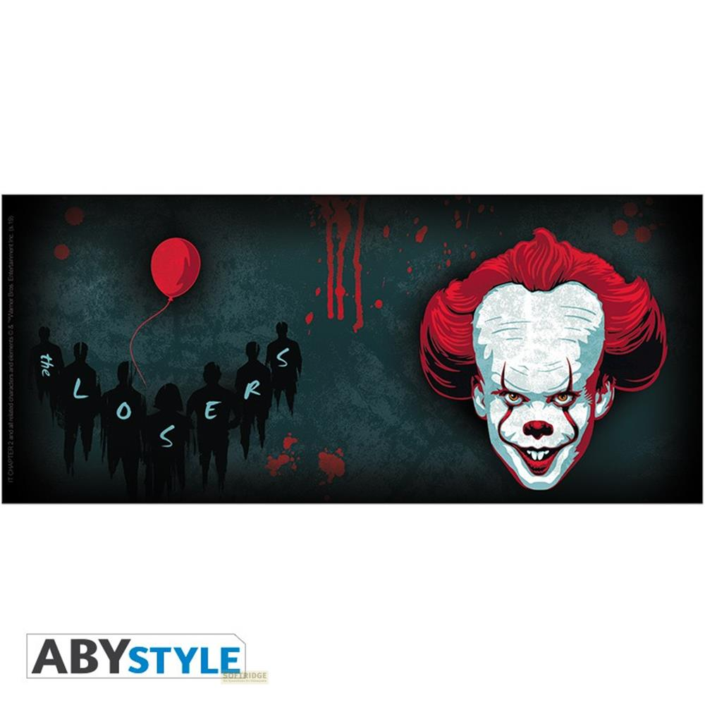 Pennywise y los Perdedores con un globo rojo sobre fondo oscuro y salpicado de sangre.