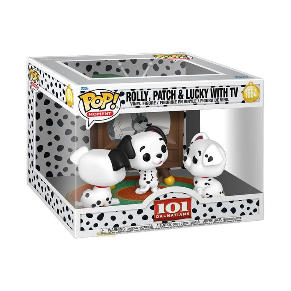 Figuras Funko Pop de 101 Dálmatas en caja con manchas.