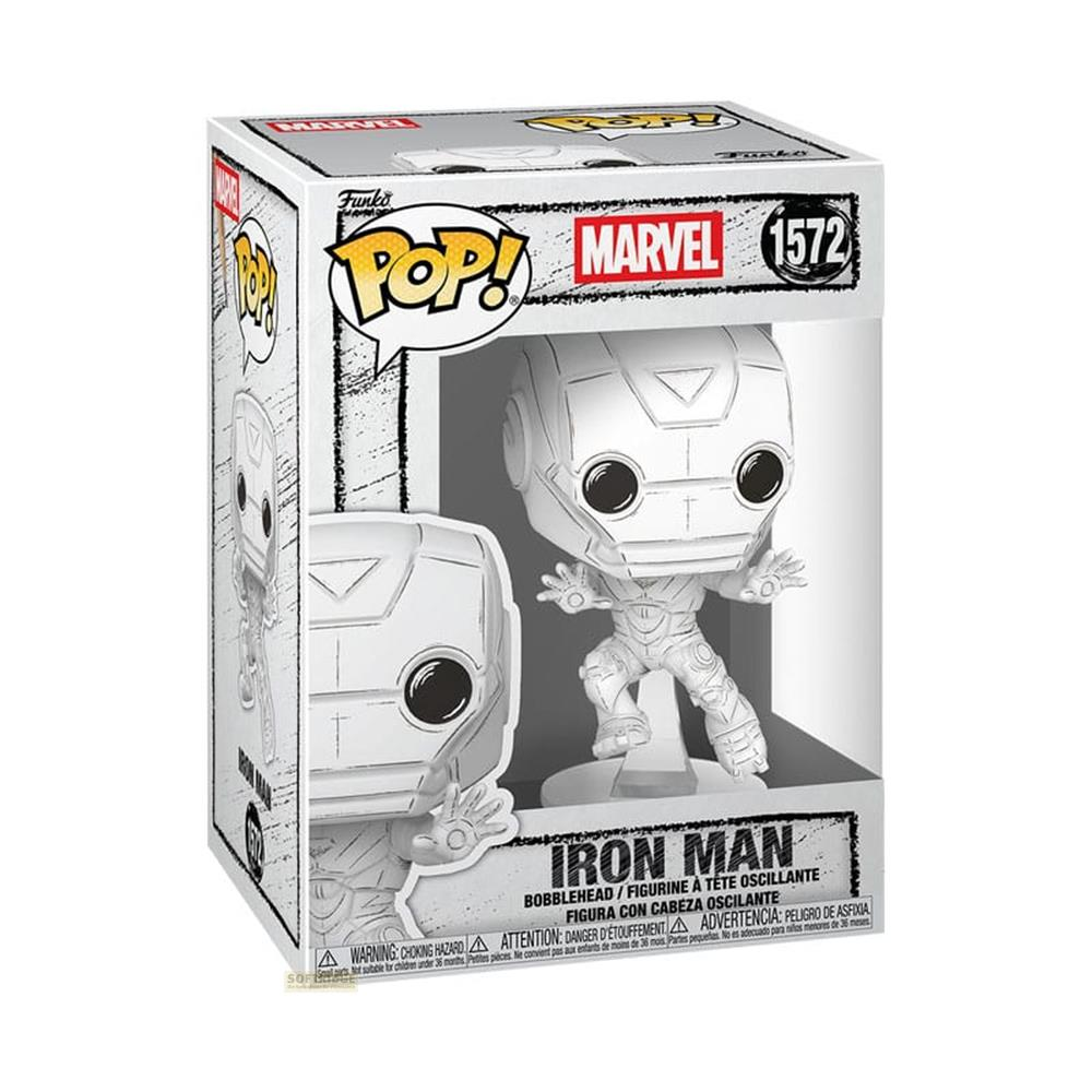 Ein weißer Iron Man Funko Pop! in einer Box. Die Figur hat einen großen Kopf und steht aufrecht.