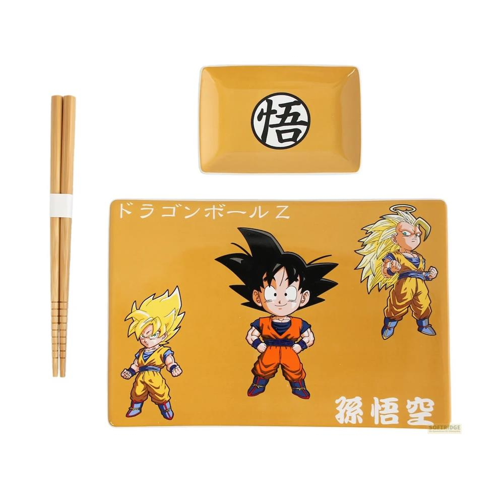 Un set giallo con bacchette e due piatti con personaggi di Dragon Ball Z.