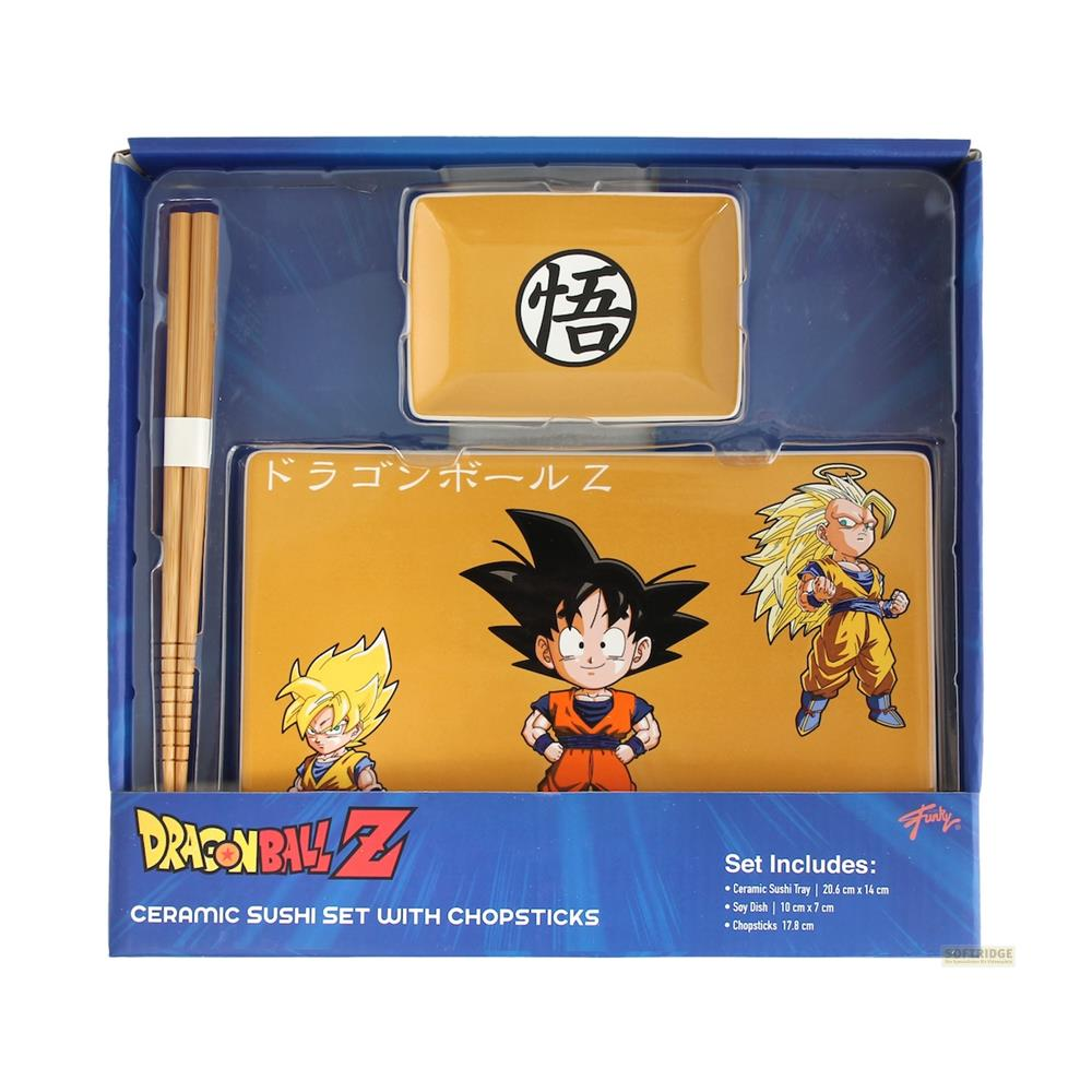 Un set da sushi in ceramica Dragon Ball Z con bacchette e piatti.