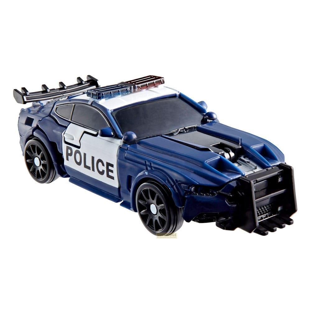 Macchina giocattolo della polizia blu e bianca con spoiler e testo police.