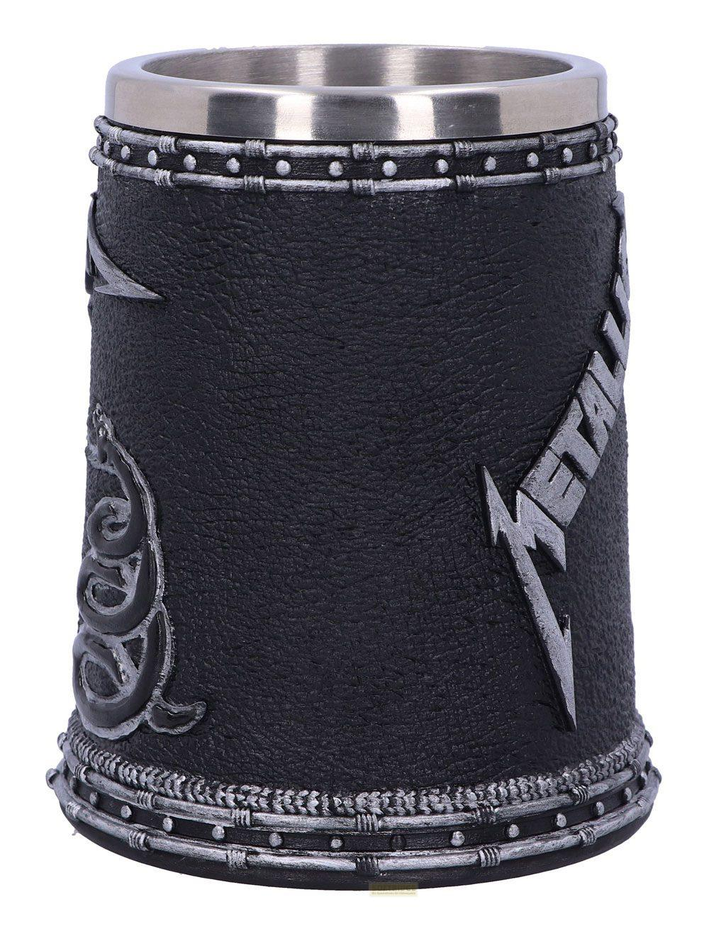 Taza negra con logo metálico plateado y detalles de aspecto de cuero.