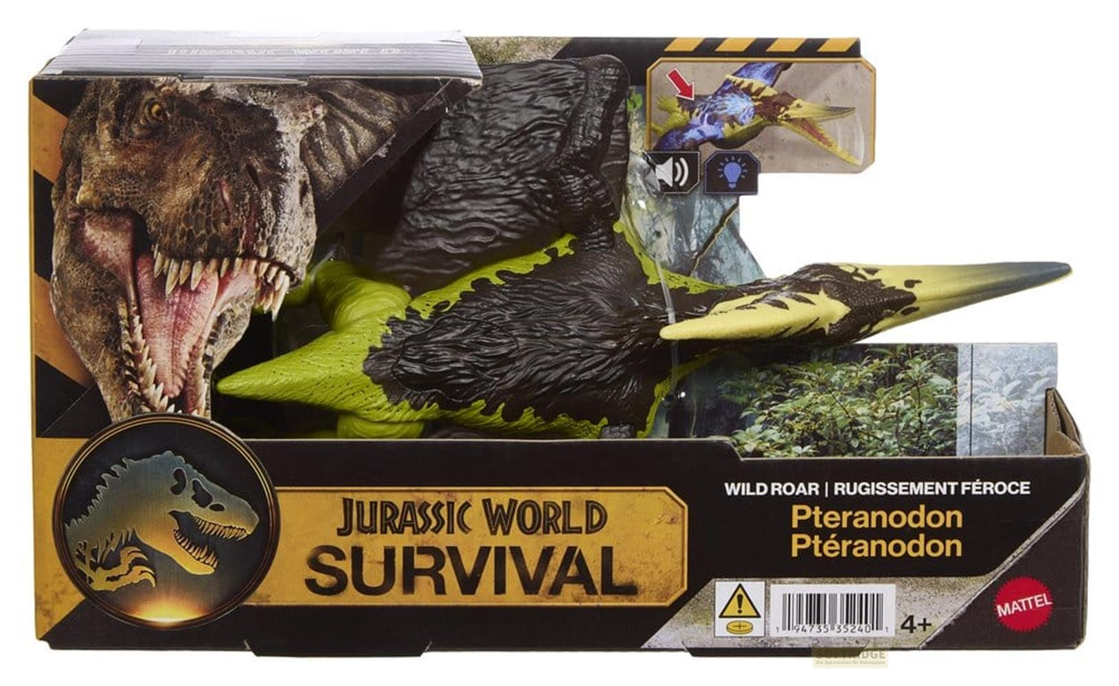 Juguete Pteranodon de Jurassic World en caja con imagen de T-Rex.
