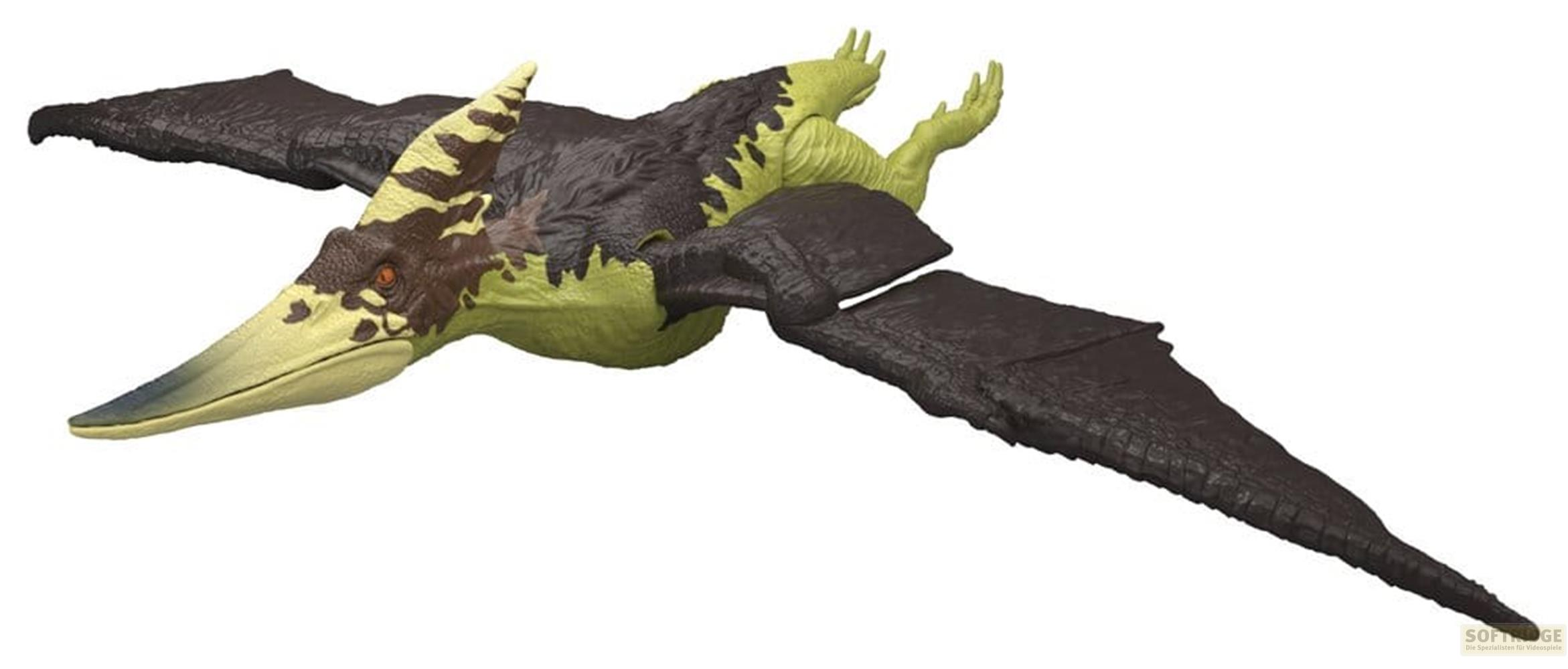Una figura de pterosaurio verde y marrón con alas oscuras.