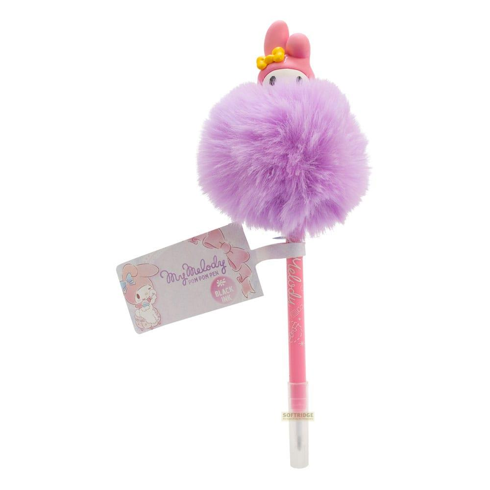 Ein pinker Stift mit einem flauschigen lila Bommel und My Melody-Figur.