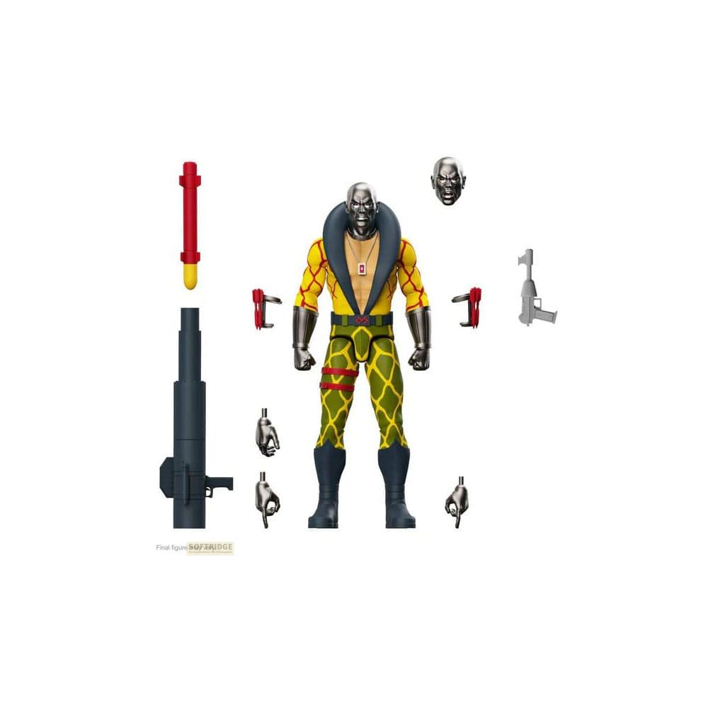 Una action figure con tuta gialla e verde, armi e teste extra.