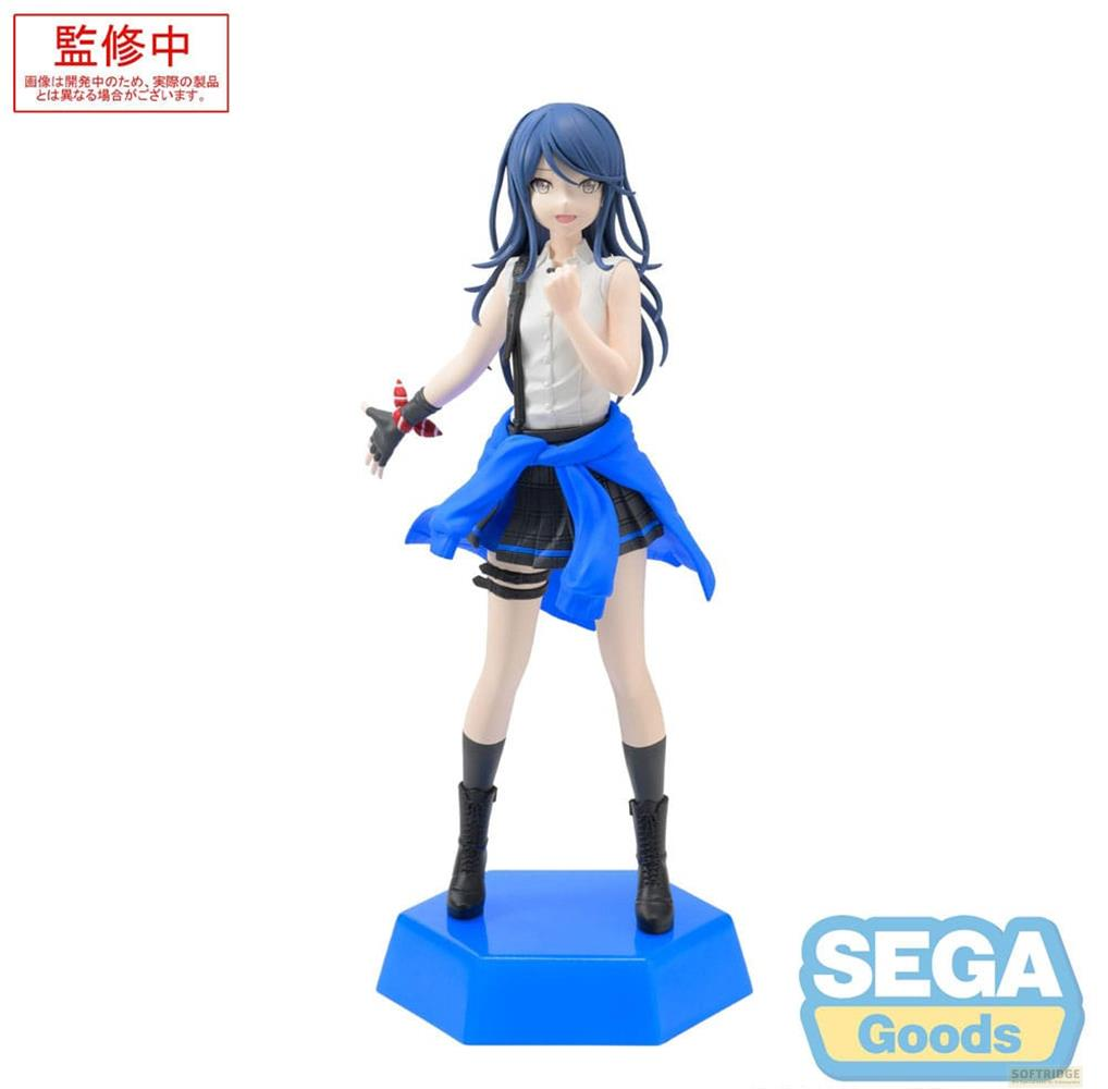 Eine Anime-Figur mit blauen Haaren, weißem Hemd, kariertem Rock und blauer Jacke.