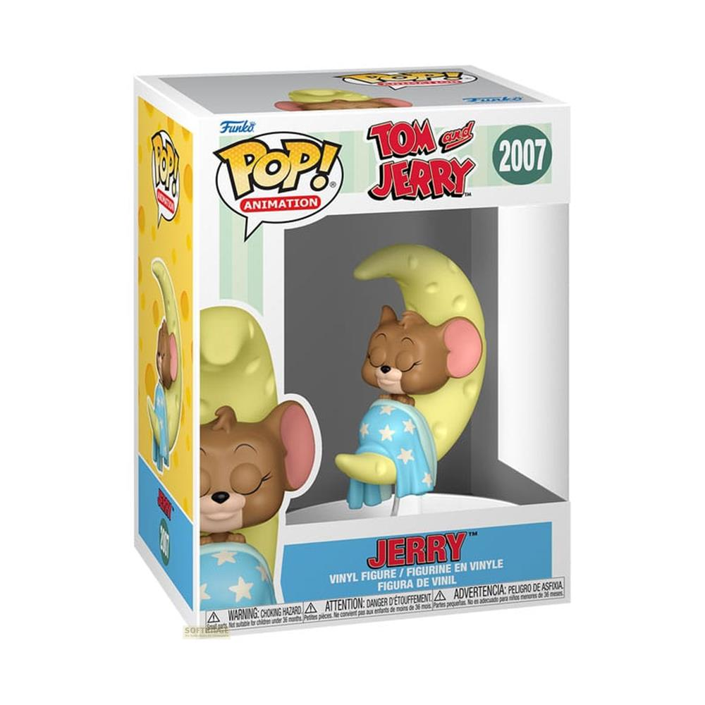 Funko Pop! Jerry Figur auf einem Mond, mit Sternendecke.
