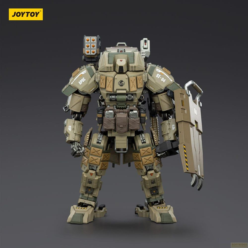 Un mech beige e verde con scudo e lanciarazzi.