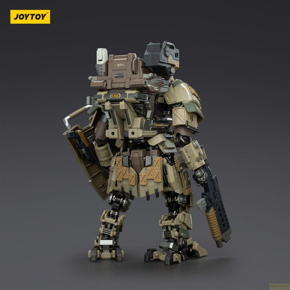 Un dettagliato modello mech color camoscio con zaino e fucile.
