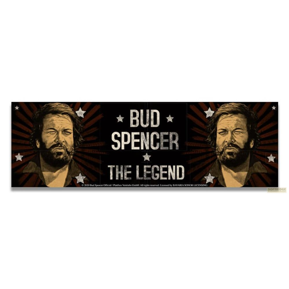 Bud Spencer mit Sternen und Text 'The Legend' auf dunklem Hintergrund.