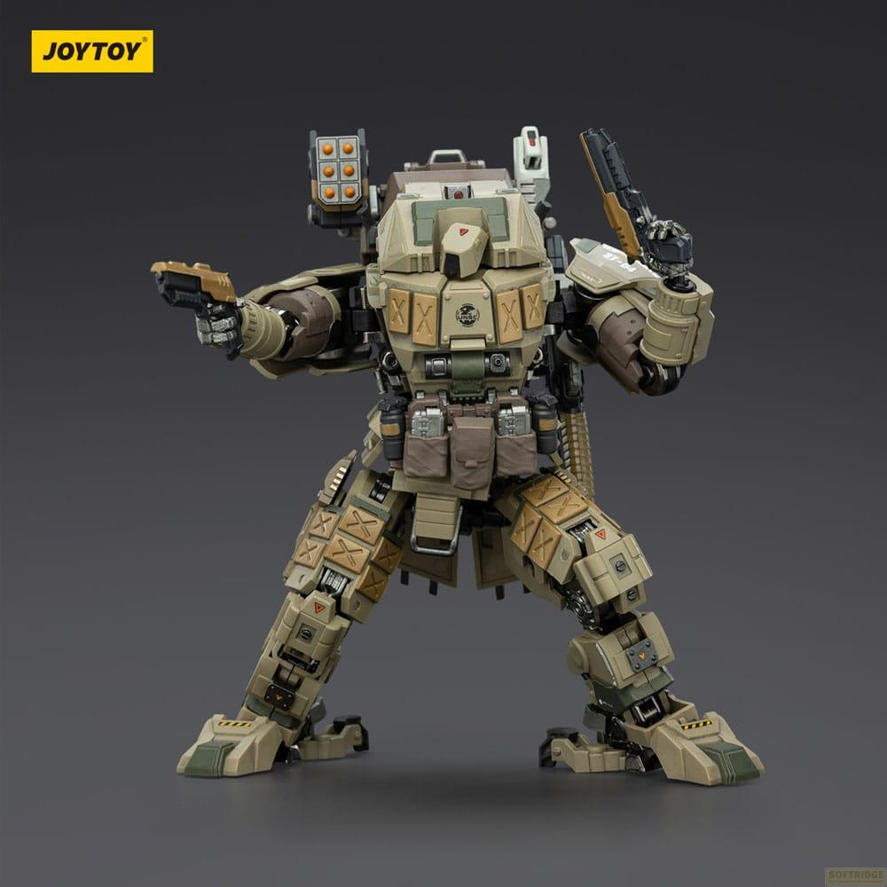 Un mech color cachi con armi su sfondo grigio, logo JOYTOY in alto a sinistra.