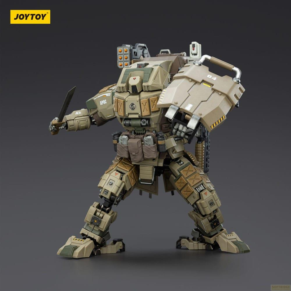 Un mech beige con scudo e spada, dettagliato, su sfondo scuro.
