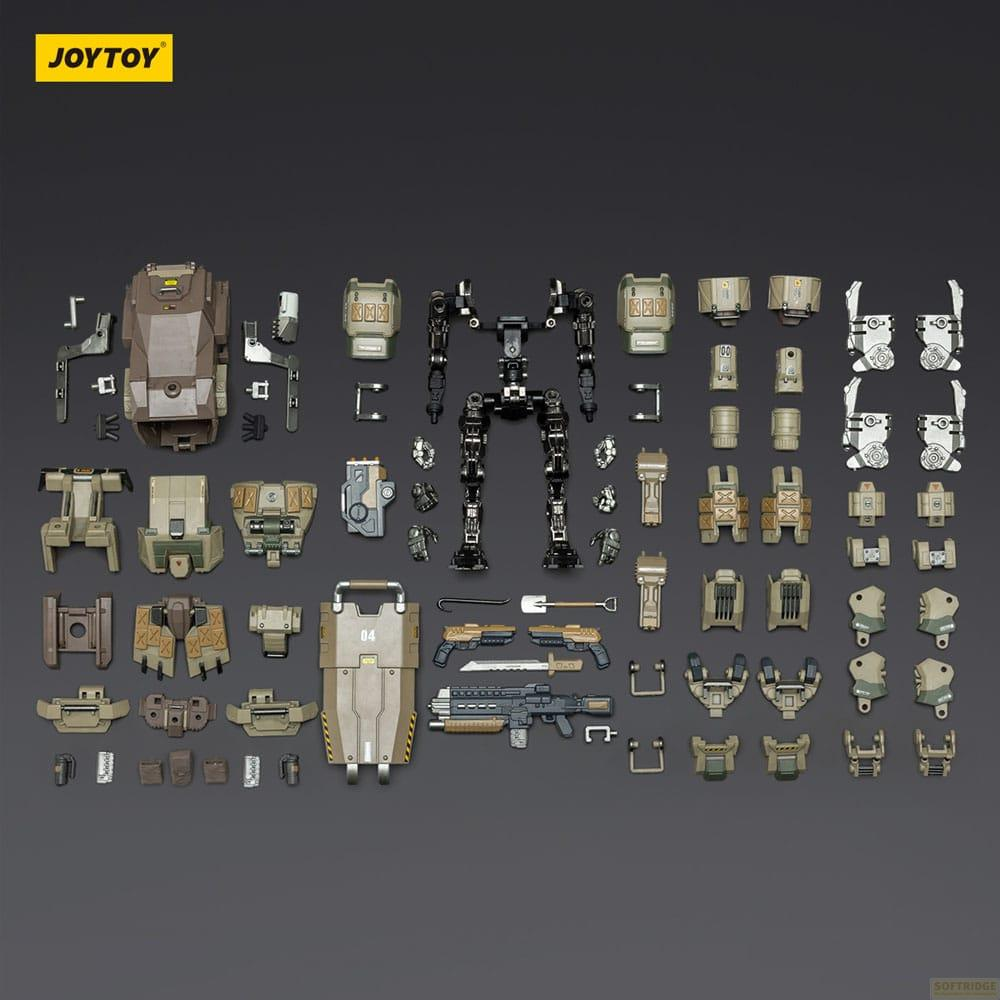 Kit di assemblaggio robot con molte parti, armi e armature in beige e grigio.