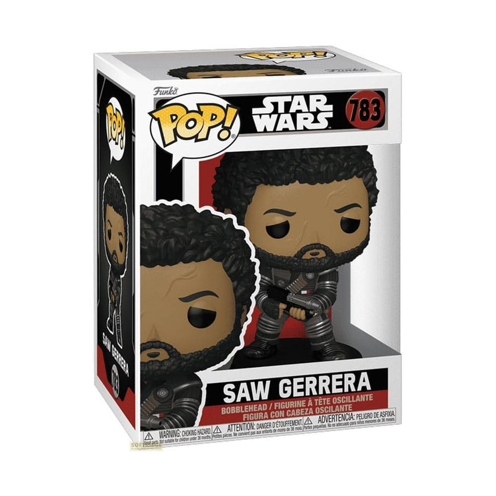 Figura Funko Pop Saw Gerrera, Star Wars, número 783, con arma en mano.