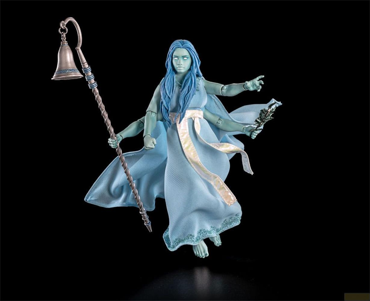 Una figura pallida con capelli blu tiene un bastone con campana e una foglia.
