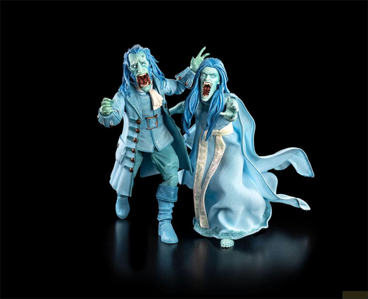 Due figure spettrali in abiti azzurri con capelli blu, bocca spalancata.