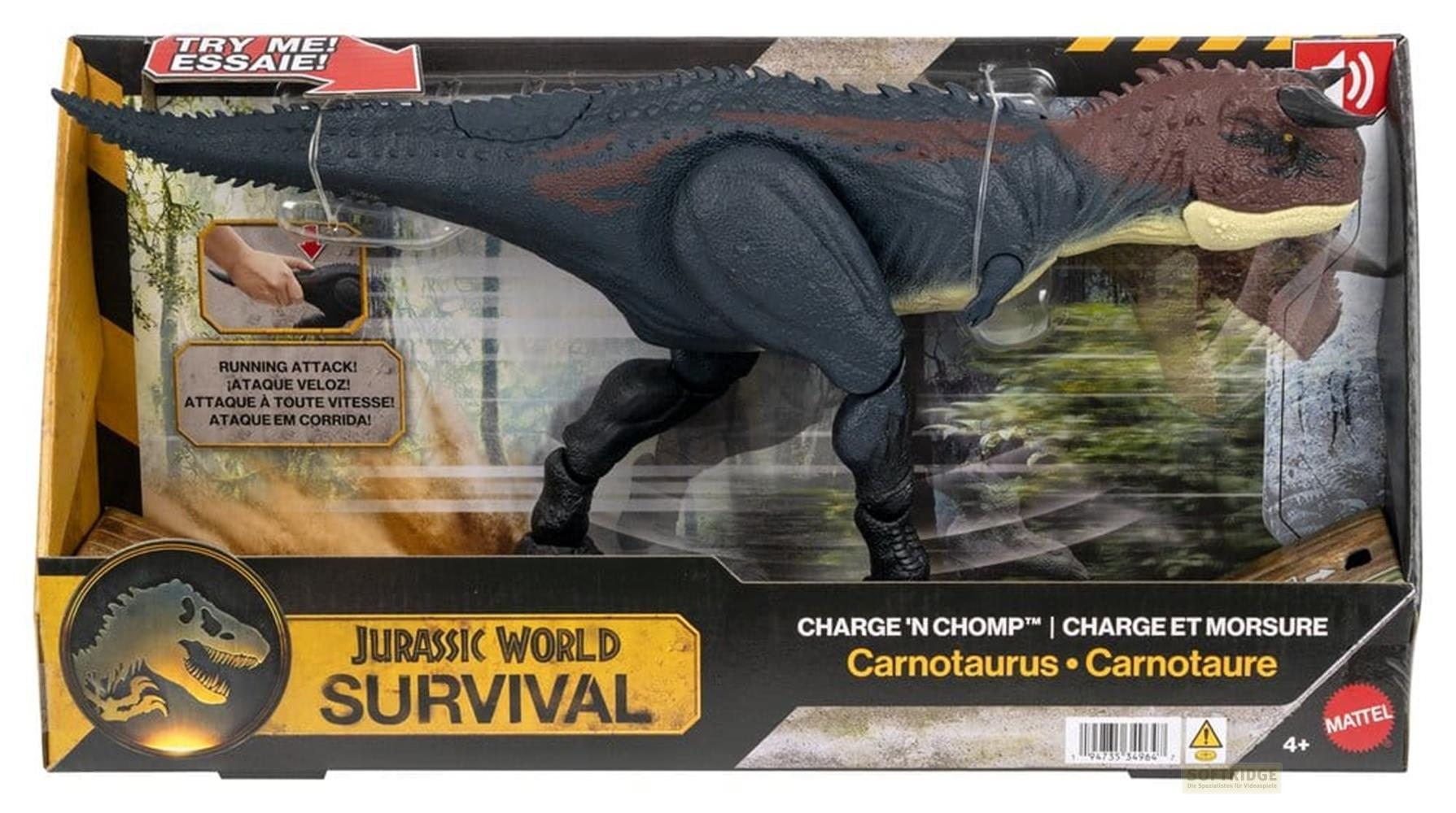 Juguete de Carnotaurus en embalaje de Jurassic World Survival, listo para atacar.