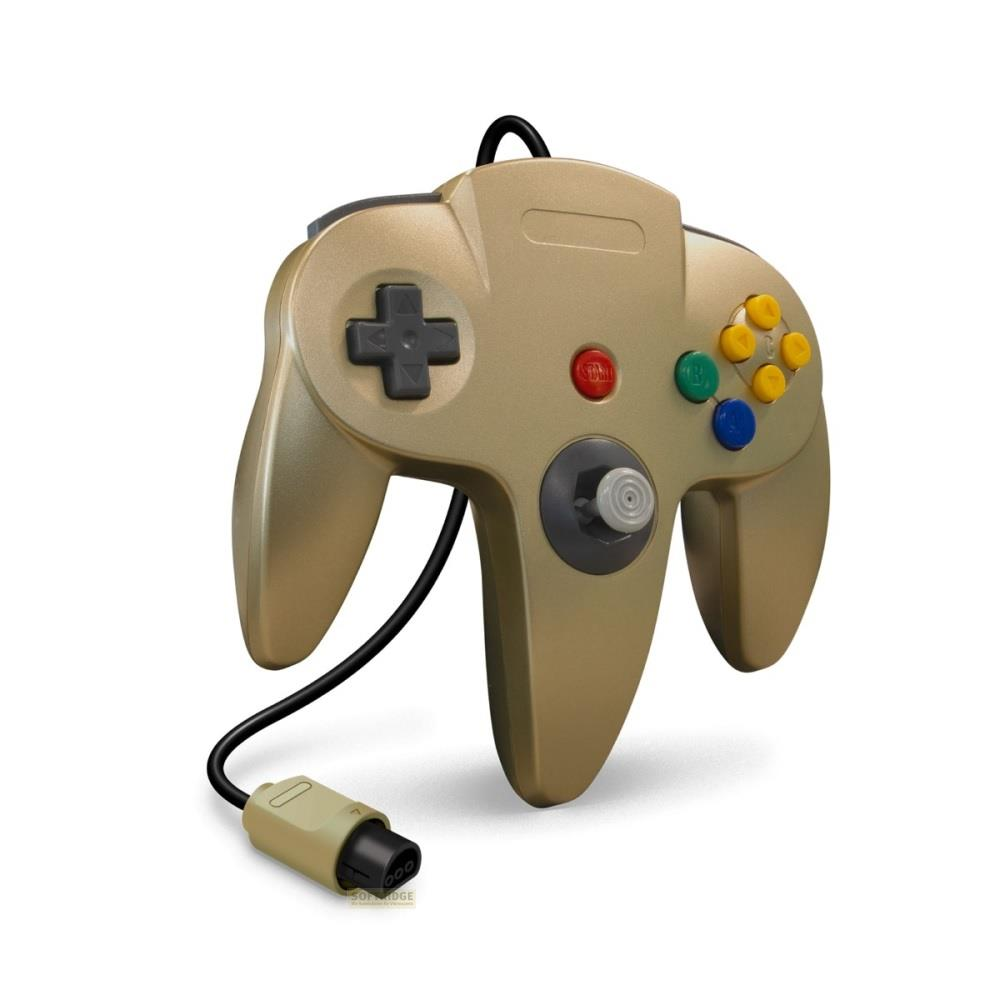 Manette dorée Nintendo 64 avec câble, vue de face.