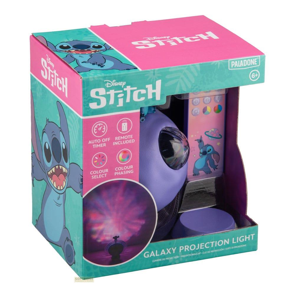 Opakowanie lampki projekcyjnej Stitch z ilustracją i funkcjami Stitcha.