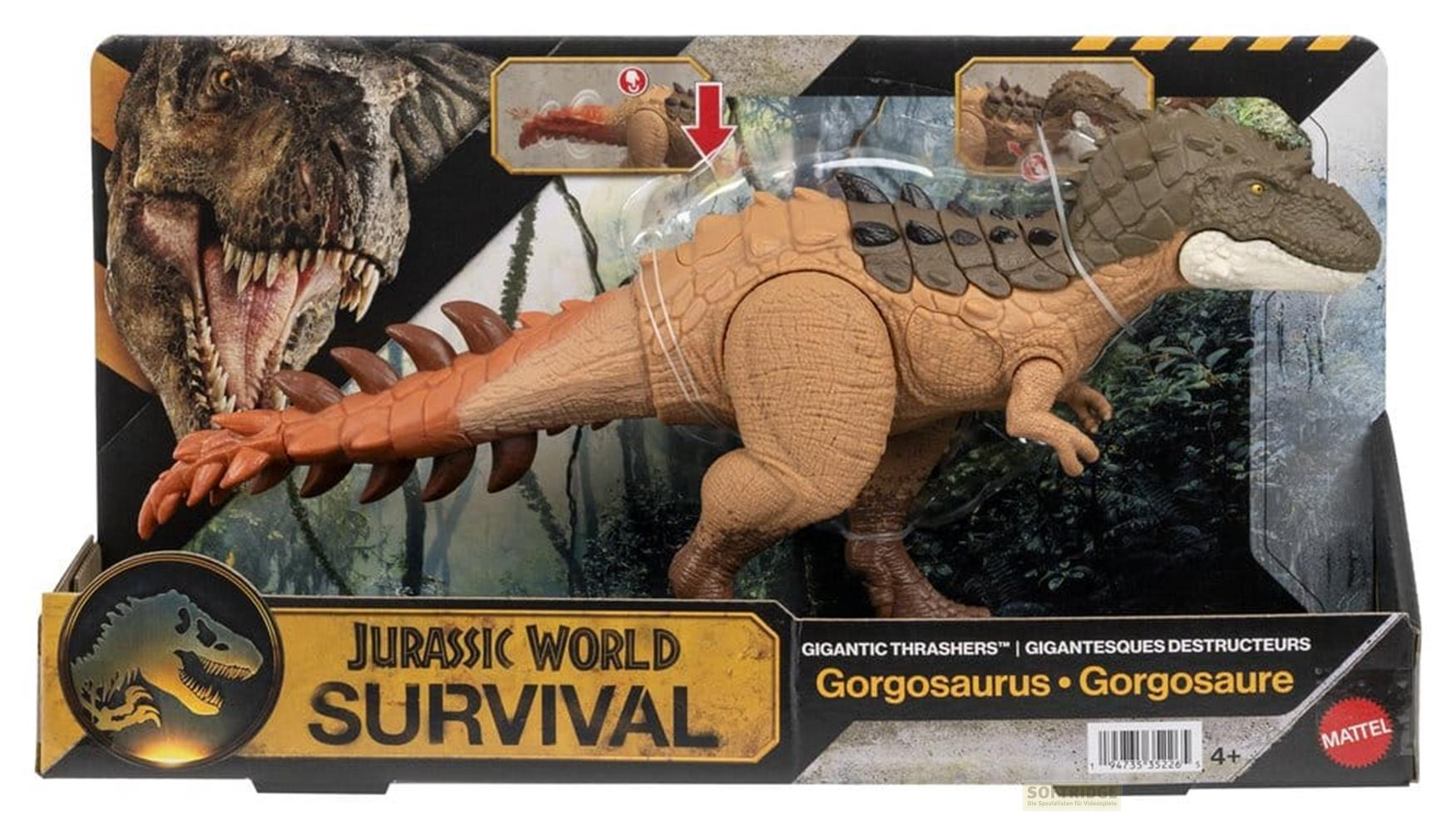 Verpackung einer Jurassic World Gorgosaurus Spielzeugfigur in Braun und Grün.