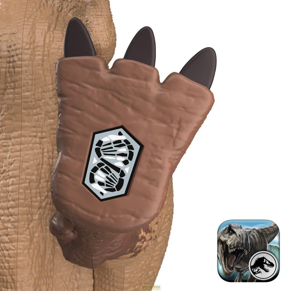 Dino-Fuß mit DNA-Symbol und Jurassic World-Logo.