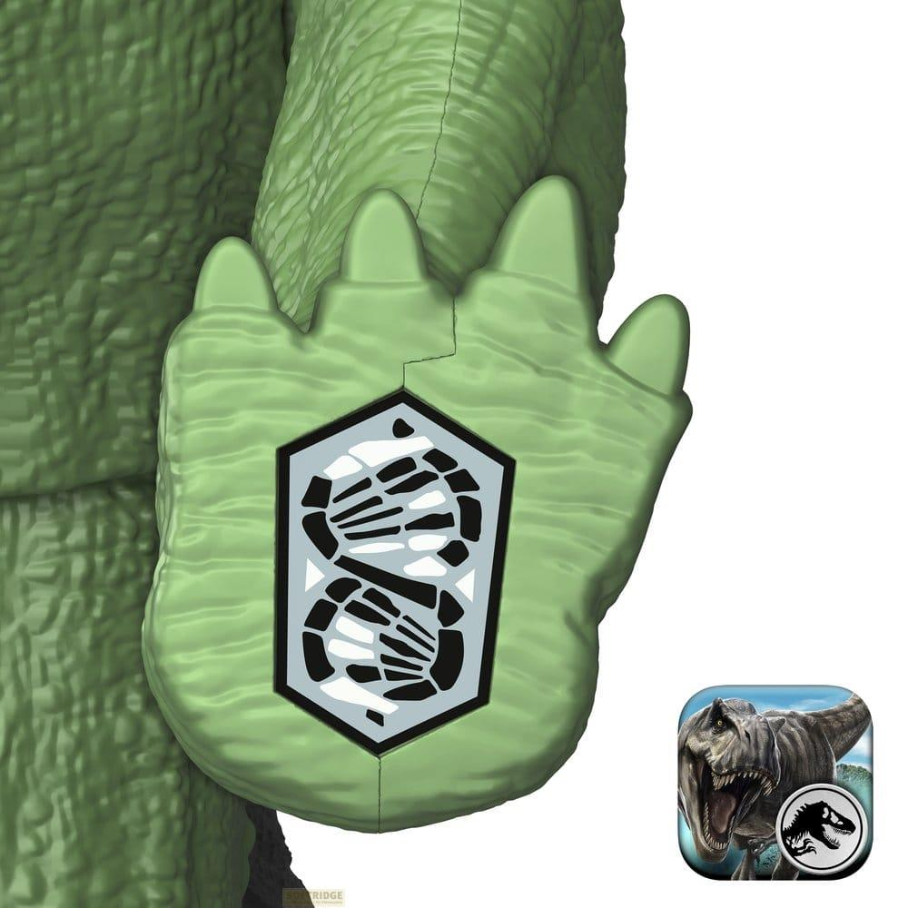 Grüne Dinosaurierhand mit DNA-Scan-Symbol und T-Rex-App-Icon daneben.