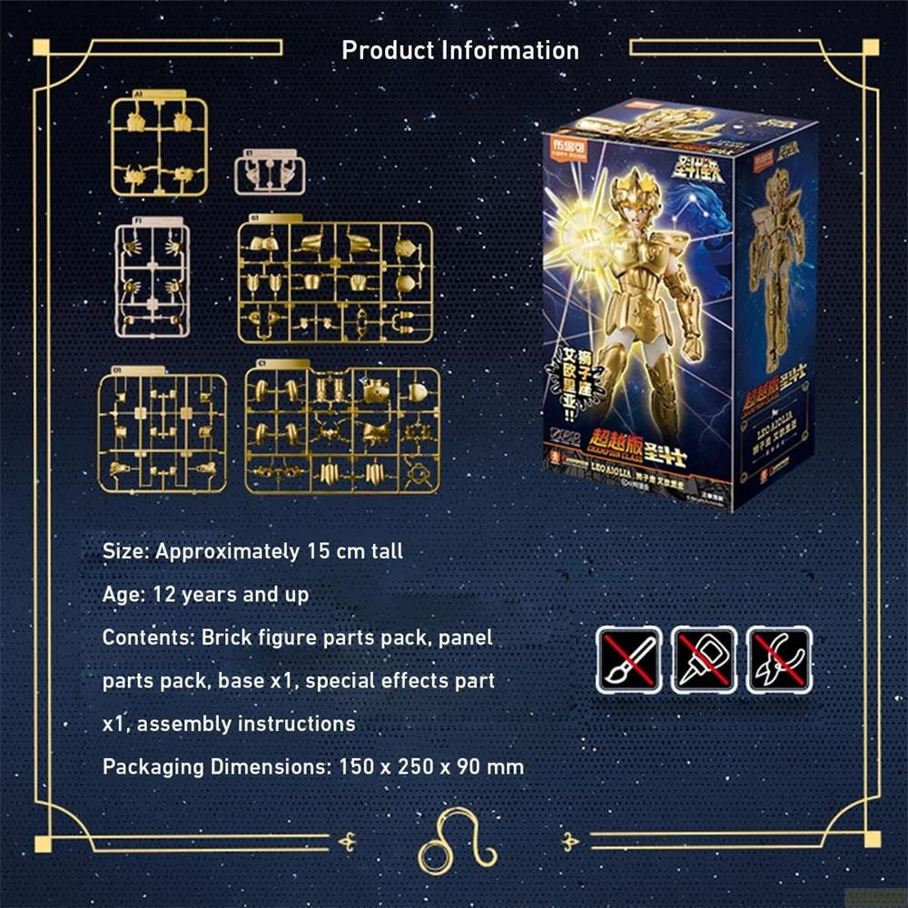 Produktinformationen: goldene Figur auf einem Karton, Teile auf Spritzgussträgern.