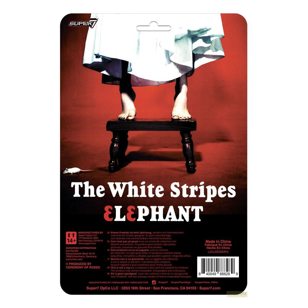 Persona de pie en taburete, fondo rojo, con texto "The White Stripes".