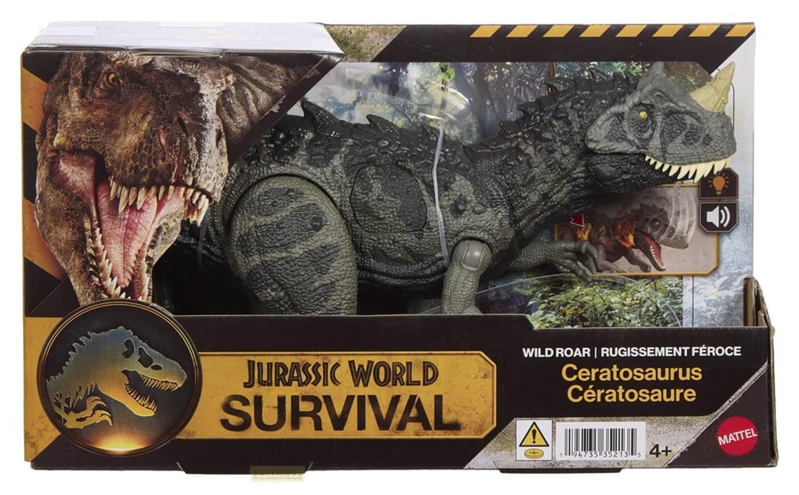 Juguete Jurassic World Ceratosaurus en caja con imagen de T-Rex.