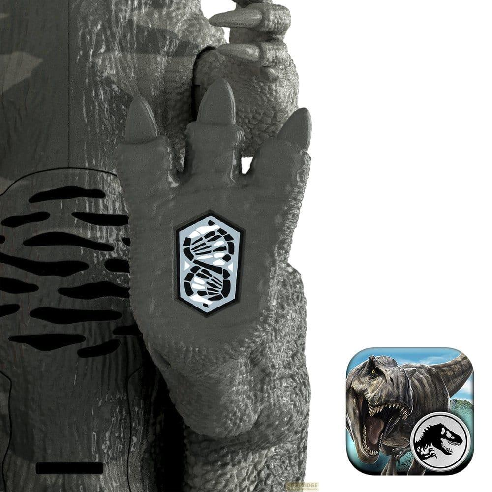 Mano de dinosaurio gris con símbolo de ADN e icono de app Jurassic Park.