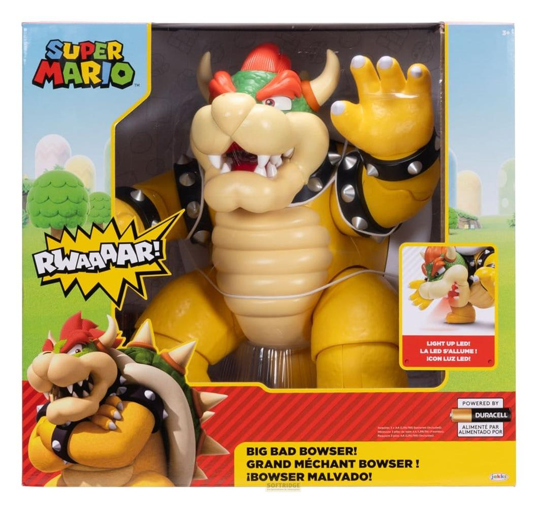Ein gelber Bowser mit schwarzen Nieten, der "Rwaaar!" sagt.