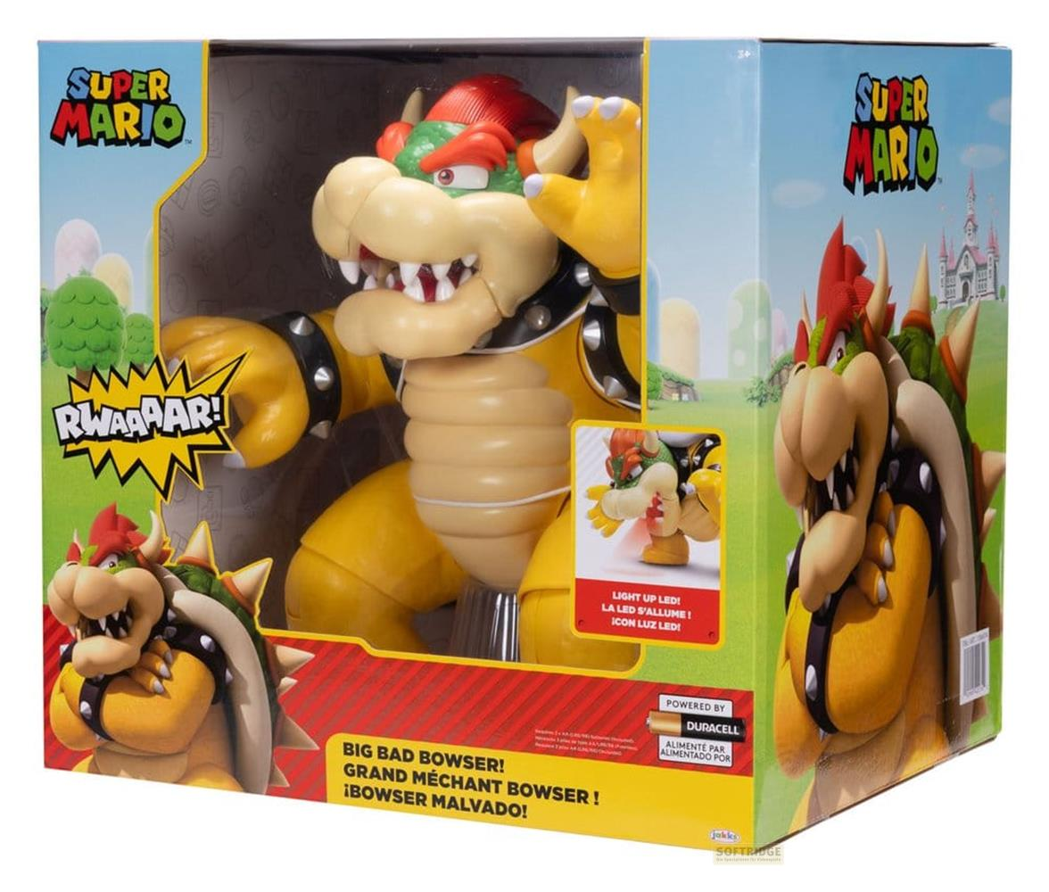 Bowser-Figur in Super Mario-Verpackung mit "Rwaaar!"-Grafik.