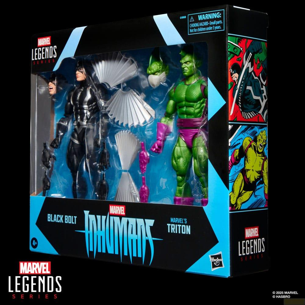 Figuras de acción Marvel Legends Black Bolt y Triton en caja con accesorios.