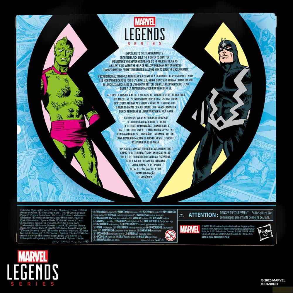 Figuras de Marvel Legends de Black Bolt y Tritón en el empaque.