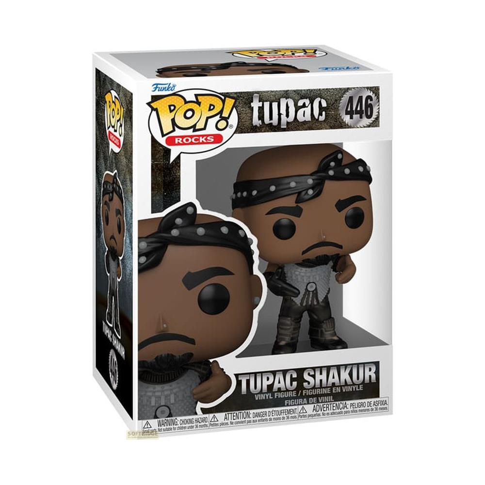 Funko Pop! Vinyl Figur von Tupac Shakur in seiner Verpackung. Er trägt ein Bandana und eine graue Weste.
