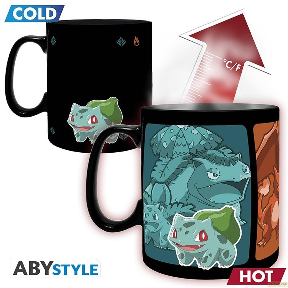 Una taza negra muestra personajes de Pokémon. Cambia de frío a caliente.