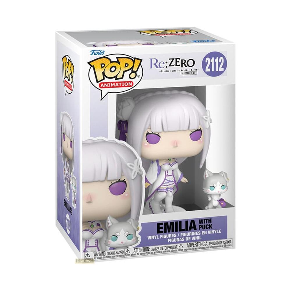 Figura Funko Pop! Emilia con Puck de Re:Zero en caja. Pelo blanco, ojos morados, traje blanco y morado.