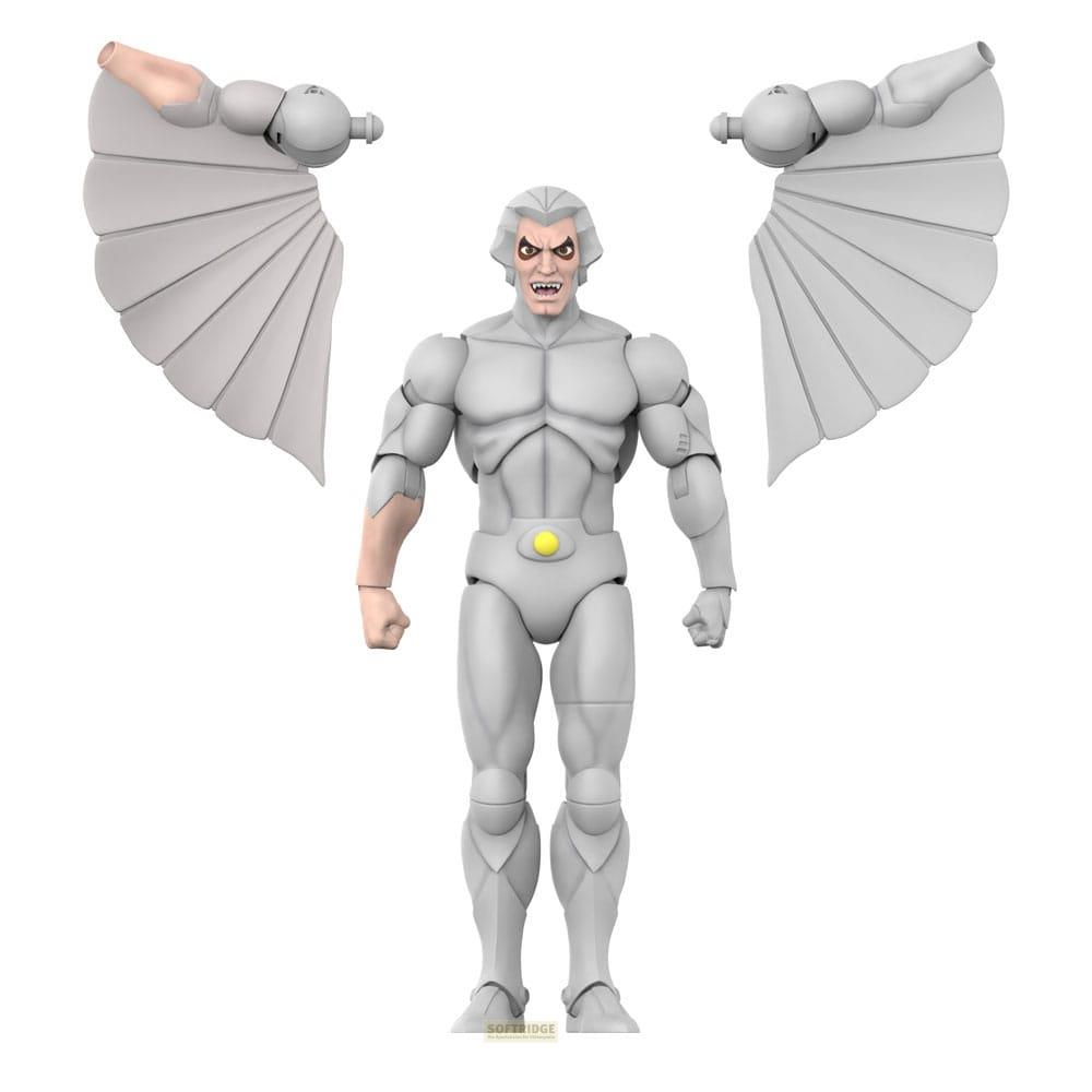 Graue Actionfigur eines Mannes mit Flügeln, die separat daneben liegen.