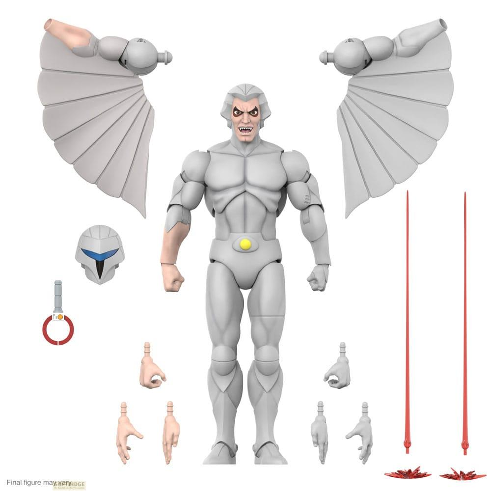 Graue Actionfigur mit Flügeln, Helm, Händen und Waffen vor weißem Hintergrund.