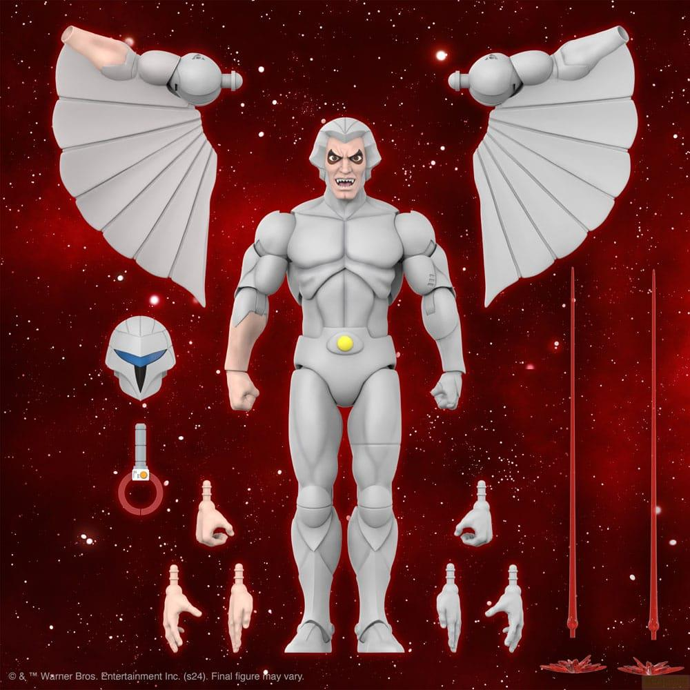 Eine weiße Actionfigur mit Flügeln, Helm und Händen vor rotem Hintergrund.