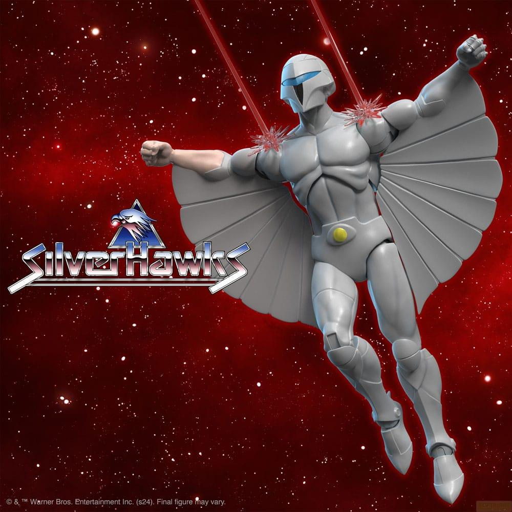 Silberfalke-Figur im Weltraum mit roten Lasern und Sternenhintergrund.