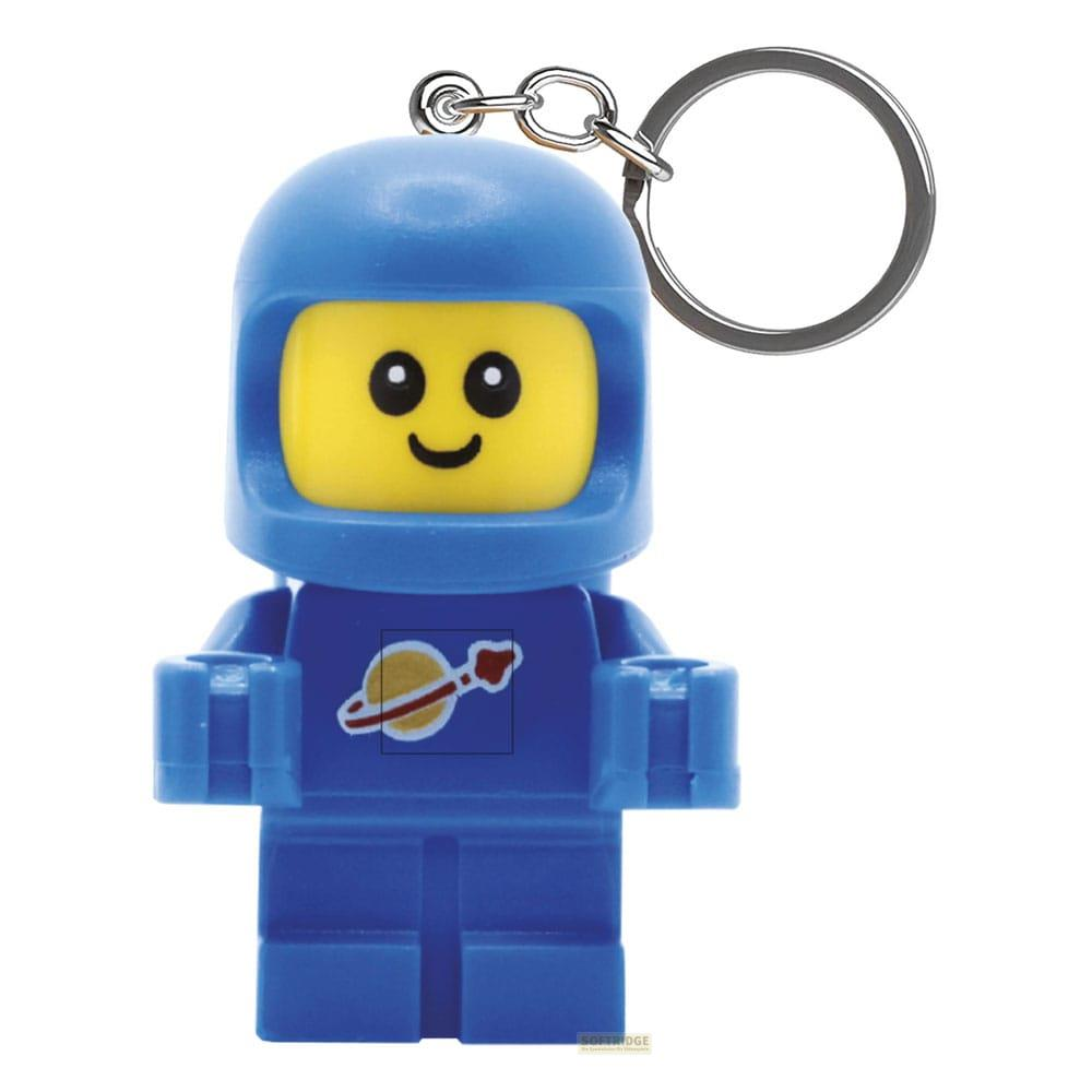 Sarı yüzlü ve uzay gemisi amblemli mavi Lego astronot anahtarlığı.