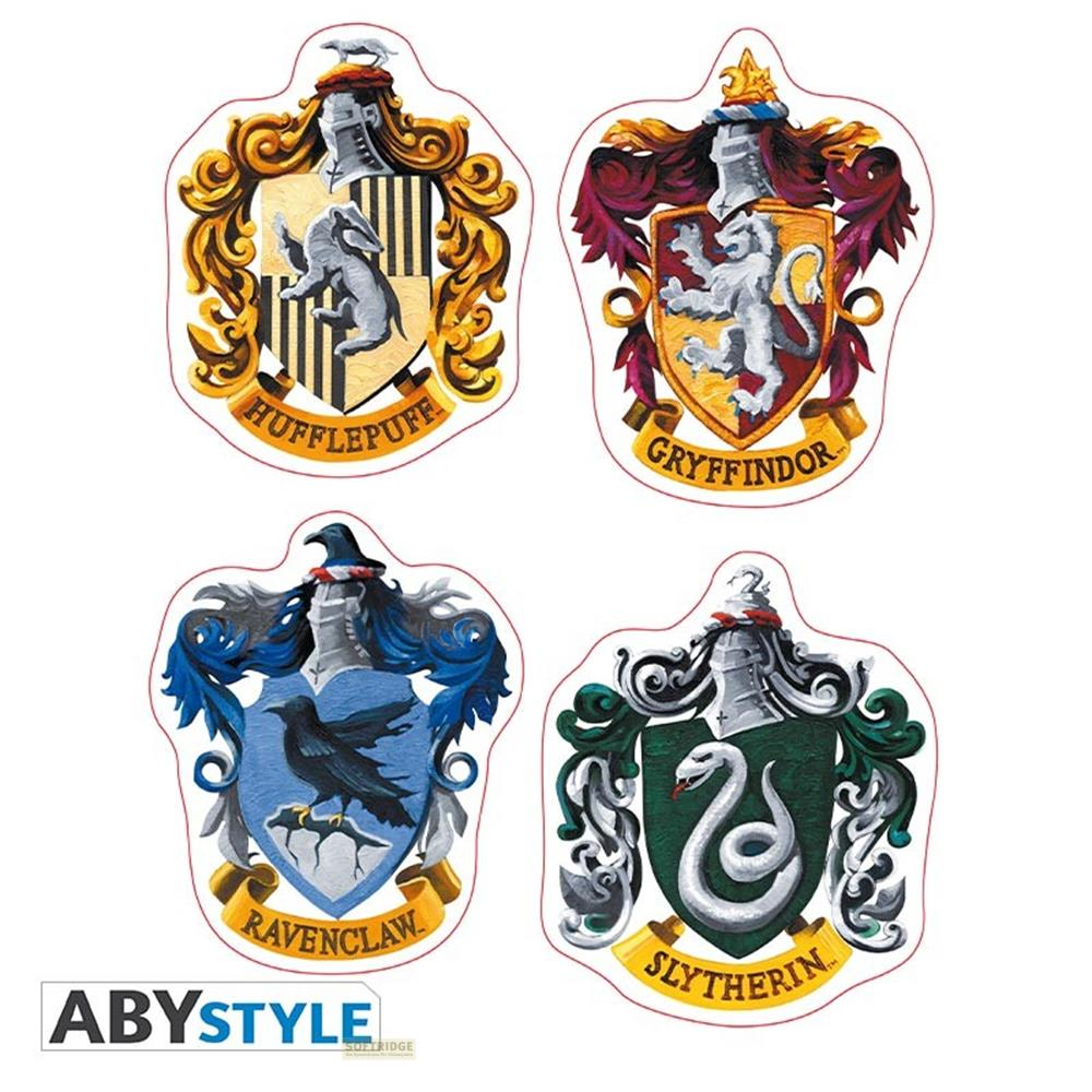 Vier Hogwarts-Hauswappen: Hufflepuff, Gryffindor, Ravenclaw, Slytherin.